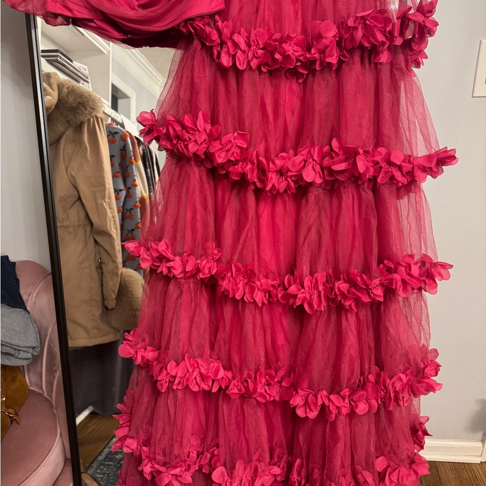 Hot Pink Two-Piece Ruffled Tulle Gown - Picture 3 of 6